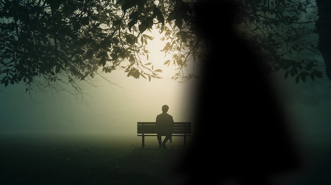 solitude, fog, mist, loneliness, melancholy, silhouette, park, bench, seated, contemplation, shadow, mystery, atmosphere, eerie, dark, morning, trees, leaves, gloomy, isolation, ai generated
